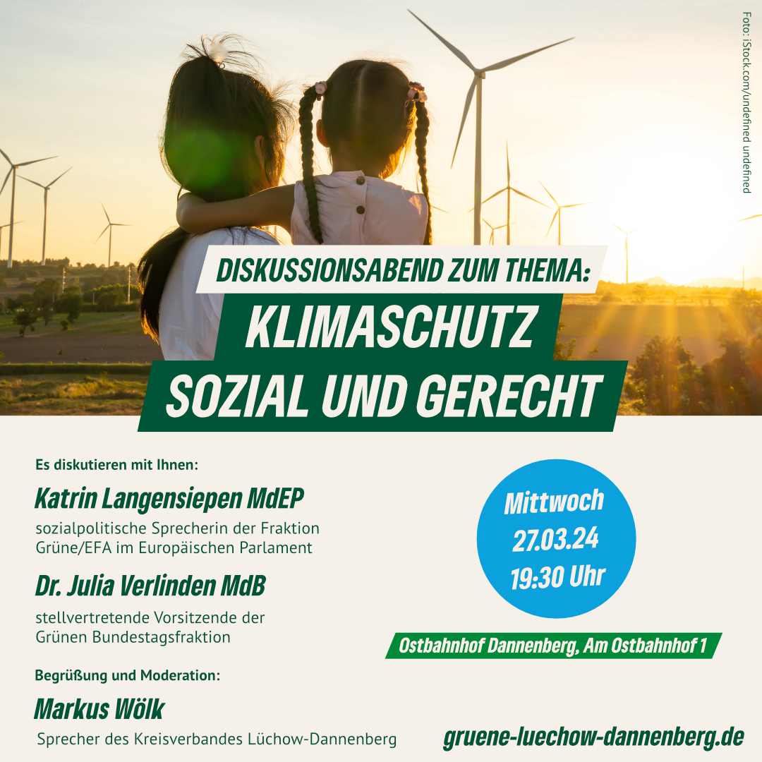 Eine Person mit Kind steht vor Windrädern. Im Hintergrund geht die Sonne auf. Davor steht geschrieben: "Diskussionsabend zum Thema: Klimaschutz sozial und gerecht."